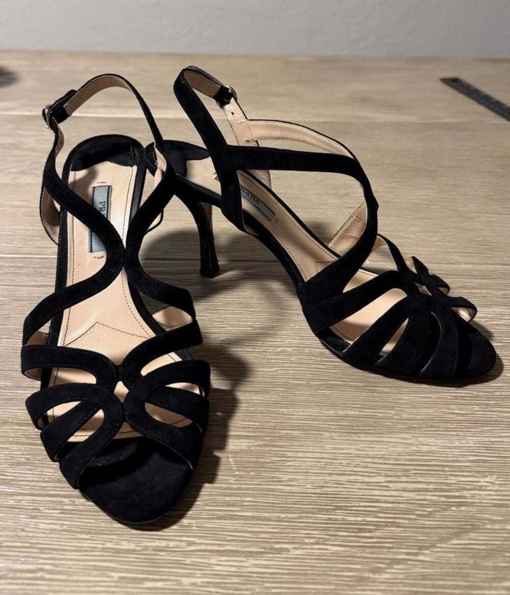 Prada Black Suede Strappy Slingback Heels Size 38.5 - Picture 1 of 6